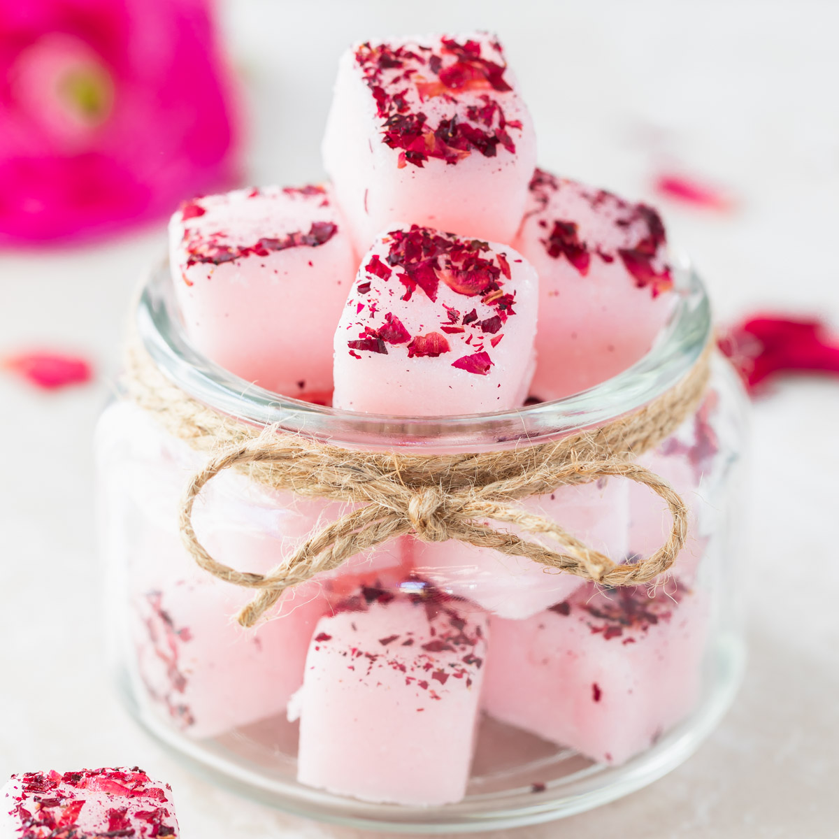 Homemade rose petal sugar scrub cubes