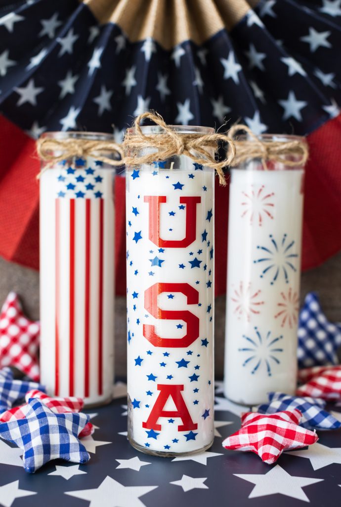USA vinyl decals on tall white candle jars with twine