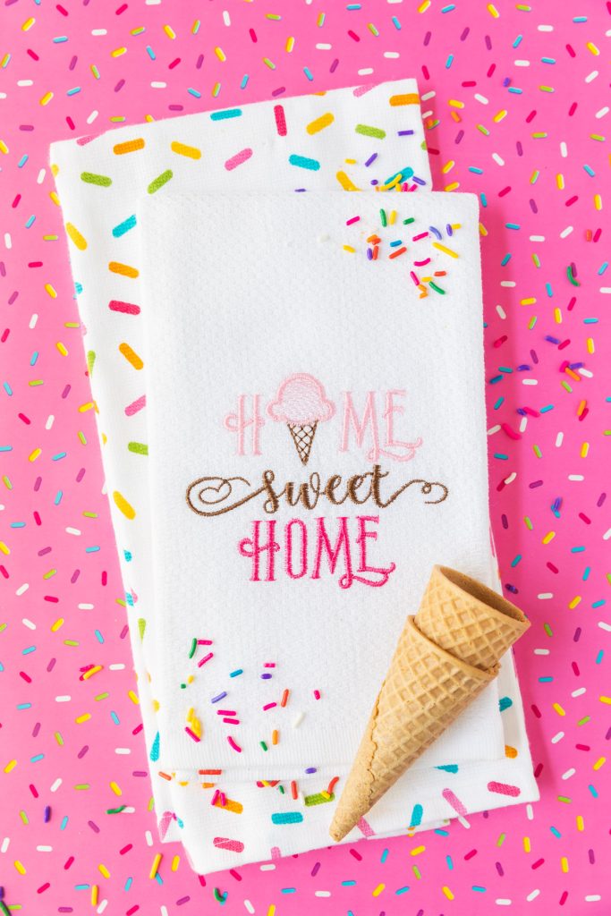 home sweet home ice cream embroidered kitchen towel tutorial