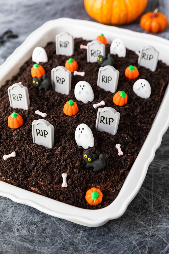 Graveyard chocolate cake with Halloween decorations