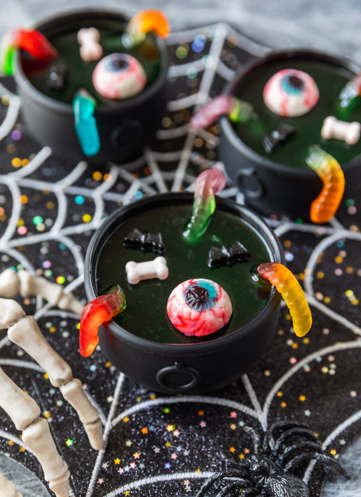 gummy worm jello cups with Halloween candy