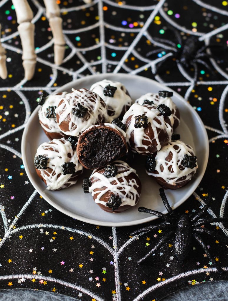chocolate oreo cookie balls with marshmallow webs