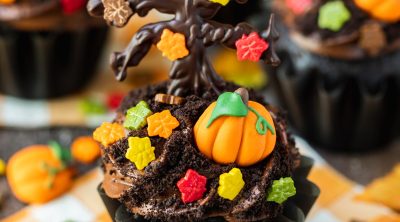 chocolate cupcakes with pumpkin candy, leaf sprinkles, and chocolate trees