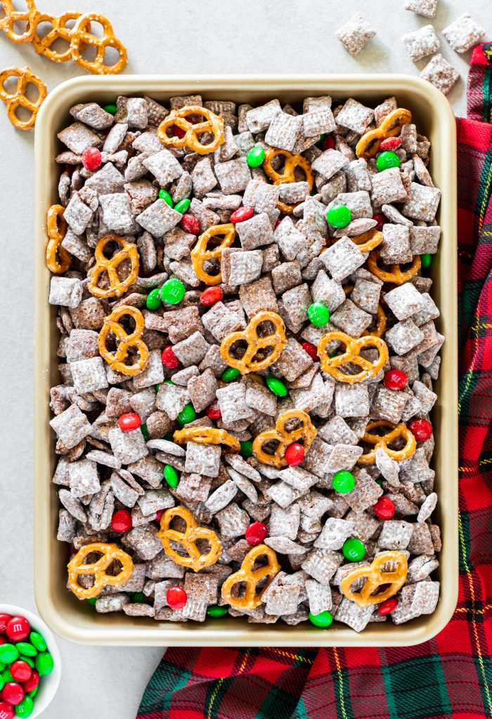 Muddy Buddies with Christmas M&M's and pretzels