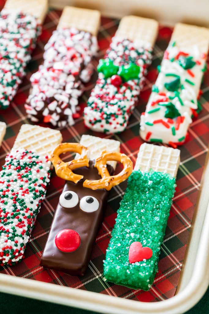 Reindeer, Grinch, Christmas sprinkles chocolate dipped sugar wafer cookies