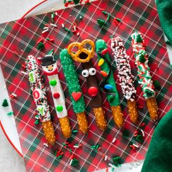 reindeer, Grinch, snowman, Christmas lights, and peppermint bark pretzels