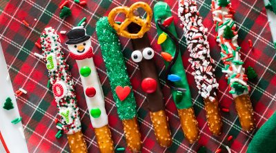 reindeer, Grinch, snowman, Christmas lights, and peppermint bark pretzels