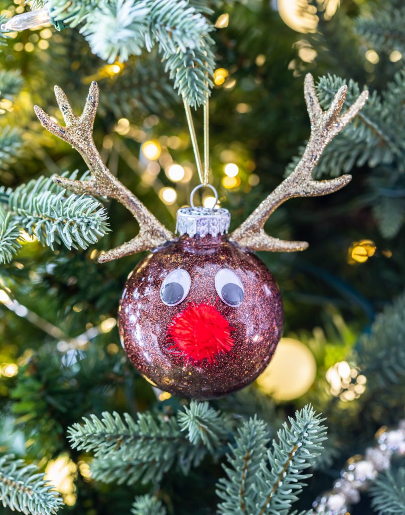 diy brown glitter ornament ball, gold antlers, googly eyes, red pom pom nose