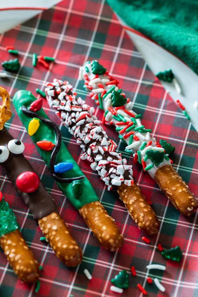 chocolate-covered peppermint bark pretzels and Christmas sprinkles pretzels