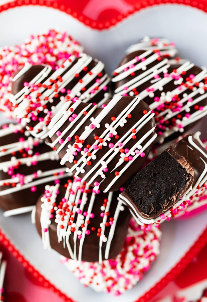 Valentine's Day chocolate Oreo balls with red and pink sprinkles