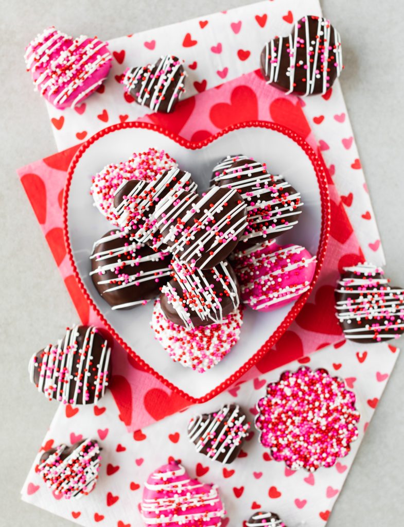 chocolate oreo ball hearts decorated with Valentine's Day sprinkles