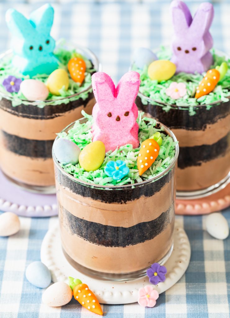 chocolate pudding layered with Oreo cookie crumbs, Peeps bunnies, and Easter egg candy