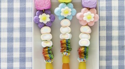 Candy kabobs made with Easter candy, flower marshmallows, Peeps bunnies