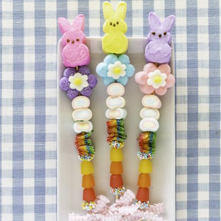Candy kabobs made with Easter candy, flower marshmallows, Peeps bunnies
